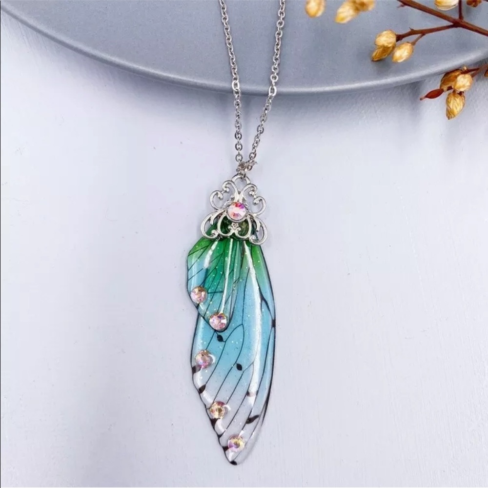 Fairy Silver Pendant Green Butterfly Wing Necklace